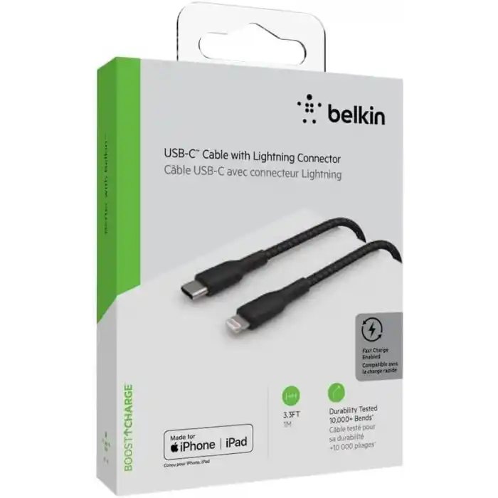 Belkin Örgülü USB-C - Lightning Kablosu (Hızlı Şarj Kablosu) Hızlı Şarj MFi Sertifikalı USB-C Kablosu (1m, Siyah)