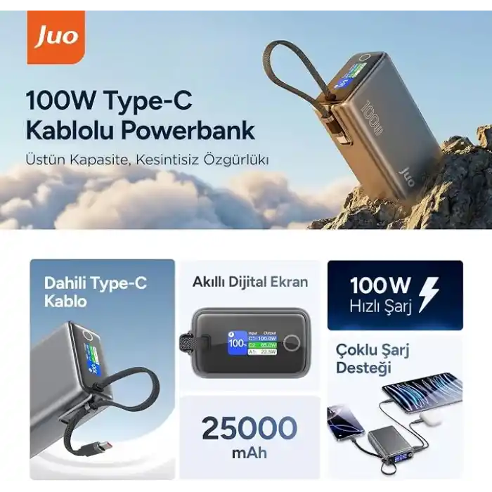 Juo 25000mAh 100W LED Ekranlı Type-C Kablolu Powerbank USB-A + USB-C Macbook Notebook Telefon Taşınabilir PD Hızlı Şarj Cihazı