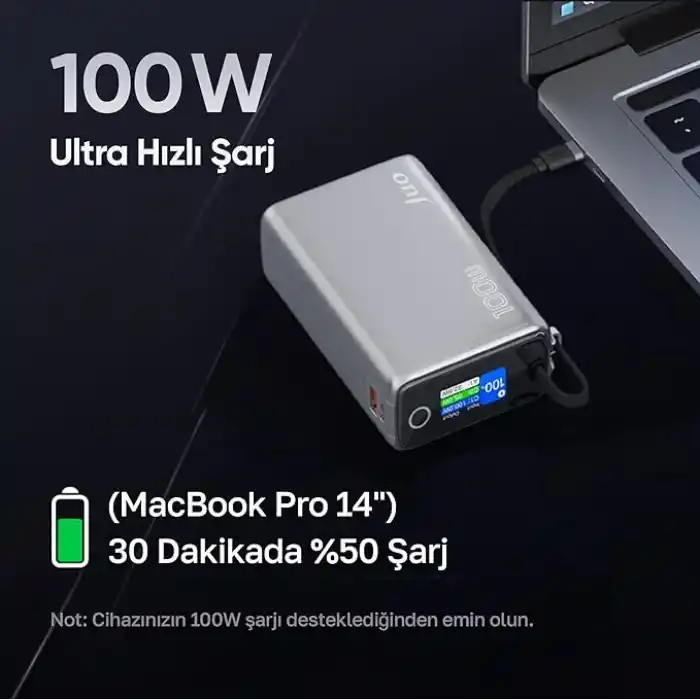 Juo 25000mAh 100W LED Ekranlı Type-C Kablolu Powerbank USB-A + USB-C Macbook Notebook Telefon Taşınabilir PD Hızlı Şarj Cihazı