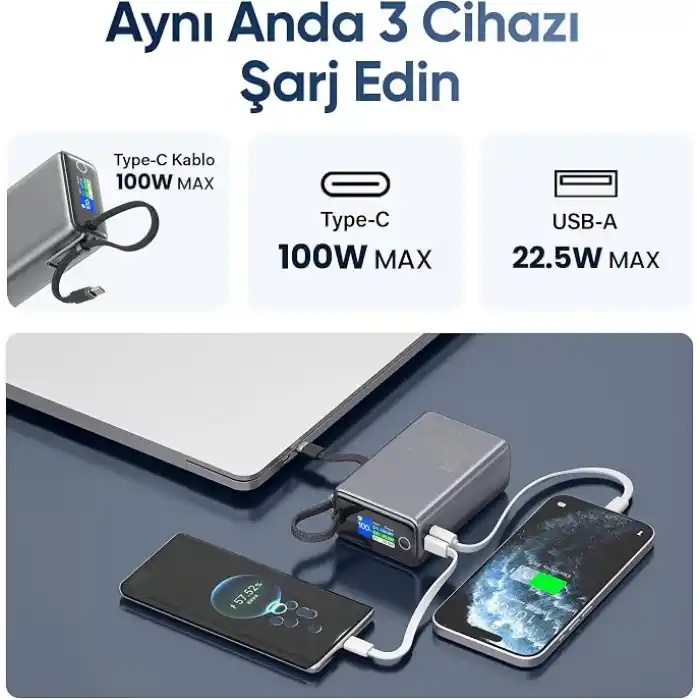 Juo 25000mAh 100W LED Ekranlı Type-C Kablolu Powerbank USB-A + USB-C Macbook Notebook Telefon Taşınabilir PD Hızlı Şarj Cihazı