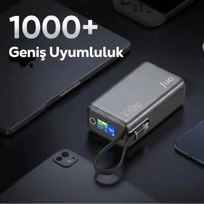 Juo 25000mAh 100W LED Ekranlı Type-C Kablolu Powerbank USB-A + USB-C Macbook Notebook Telefon Taşınabilir PD Hızlı Şarj Cihazı