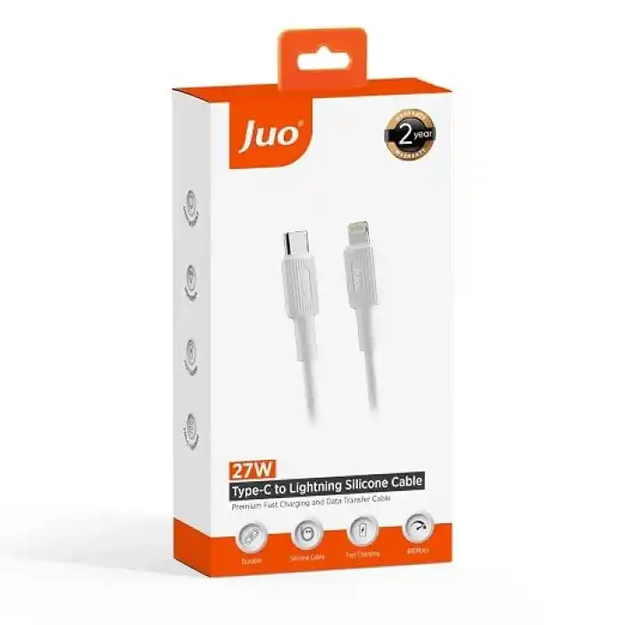 Juo 27W USB Type-C to Lightning iPhone iPad ile Uyumlu Silikon Hızlı Şarj ve Data Kablosu Beyaz 2 Metre