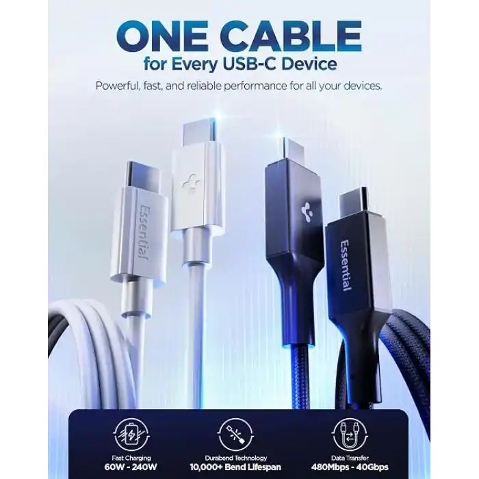 Spigen USB-C to USB-C 1 Metre Kablo 100W Güç/PPS 2.0 Super Hızlı Şarj / 5 Gbps (E-Marker Çip) Data Hızı/USB 3.2 Type-C Ekstra Dayanıklı MFI Lisanslı Black - ACA09459