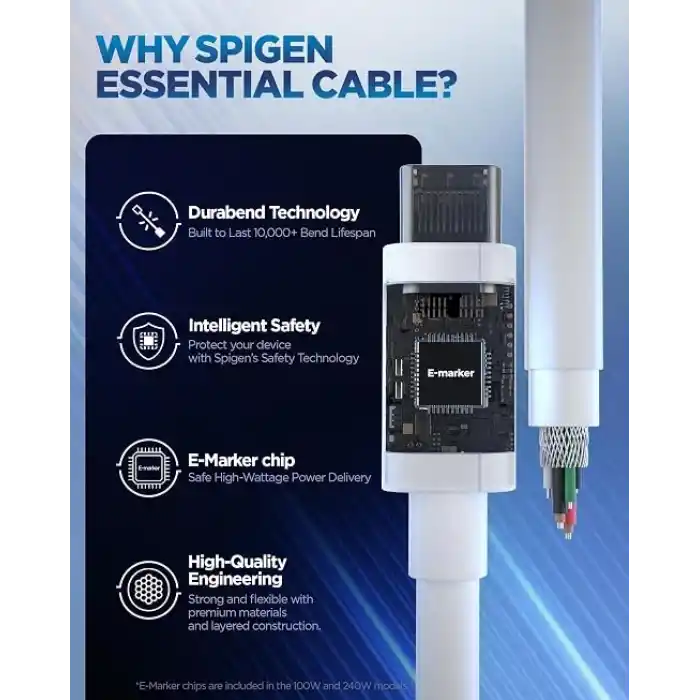 Spigen USB-C to USB-C 1 Metre Kablo 100W Güç/PPS 2.0 Super Hızlı Şarj / 5 Gbps (E-Marker Çip) Data Hızı/USB 3.2 Type-C Ekstra Dayanıklı MFI Lisanslı Black - ACA09459