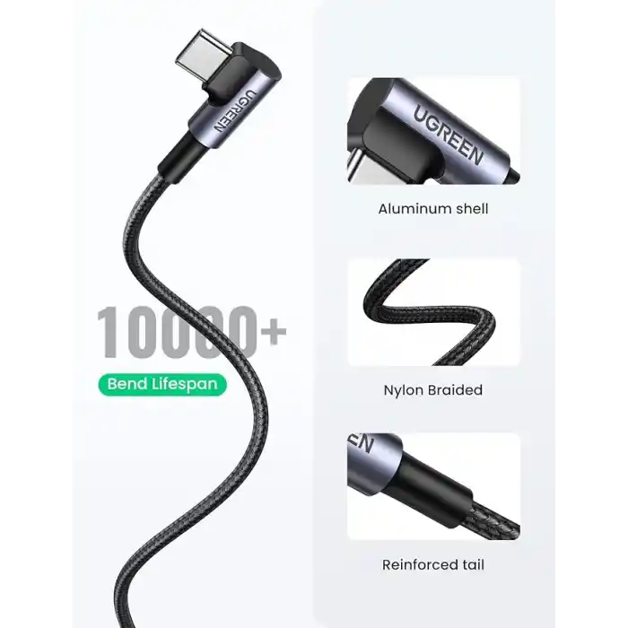 UGREEN 18W, USB to 90 Derece USB-A & USB-C Kablo, 1 Metre, Siyah, ACBUGN50941