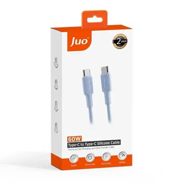 Juo 60W USB Type-C to Type-C Silikon Hızlı Şarj ve Data Kablosu Mavi 1 Metre