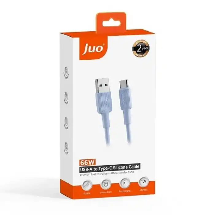 Juo 66W USB-A to USB Type-C Silikon Hızlı Şarj ve Data Kablosu Mavi 1 Metre