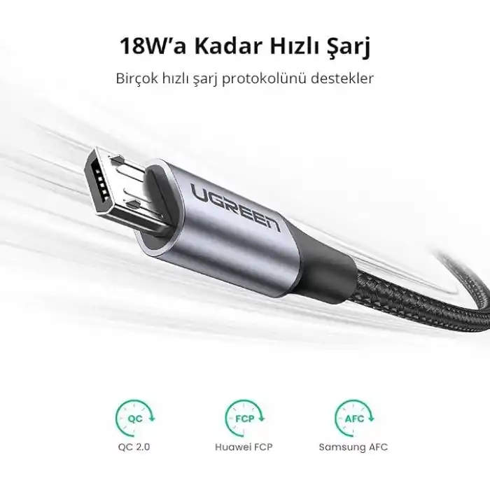 Ugreen Örgülü Micro-USB & USB-A Data ve Şarj Kablosu, 1.5 Metre, Siyah