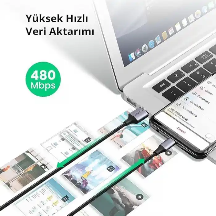 Ugreen Örgülü Micro-USB & USB-A Data ve Şarj Kablosu, 1.5 Metre, Siyah