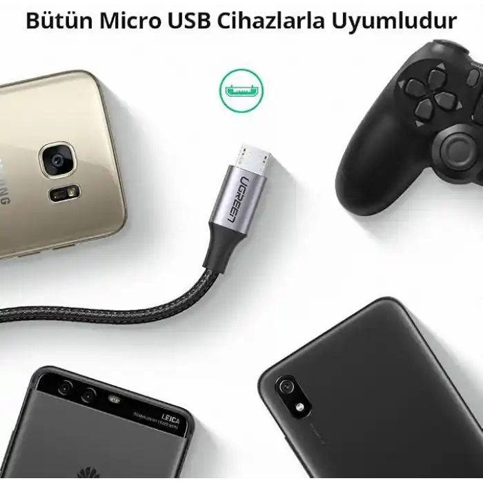 Ugreen Örgülü Micro-USB & USB-A Data ve Şarj Kablosu, 1.5 Metre, Siyah