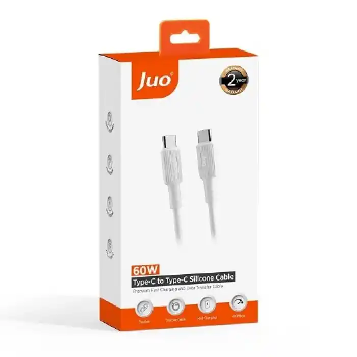 Juo 60W USB Type-C to Type-C Silikon Hızlı Şarj ve Data Kablosu Beyaz 2 Metre