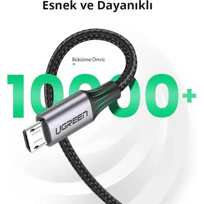 Ugreen Örgülü Micro-USB & USB-A Data ve Şarj Kablosu, 1.5 Metre, Siyah