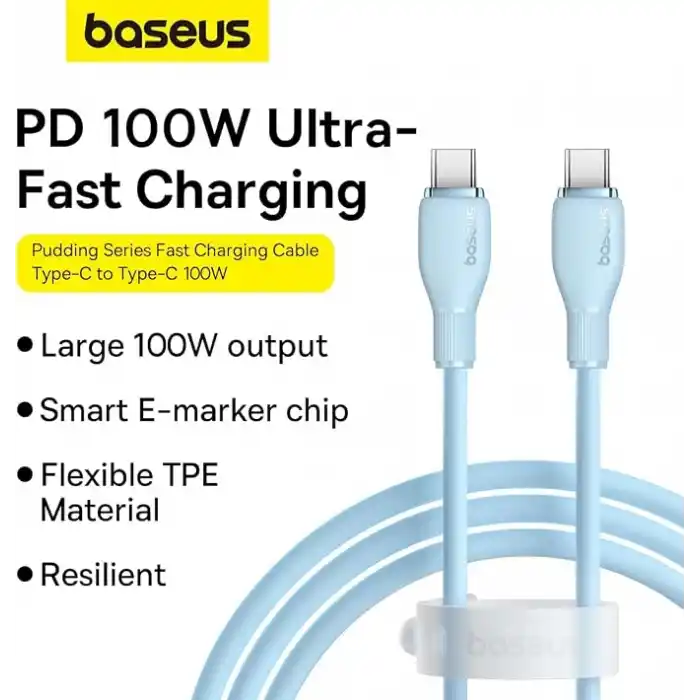 Baseus Pudding Hızlı Şarj Özellikli Type-C to Type-C Kablo 100W, 1.2 Metre, Mavi