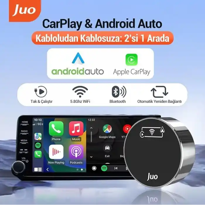 Juo Kablosuz CarPlay Android Auto Kabloludan Kablosuza Çevirici USB ve Type-C Adaptör