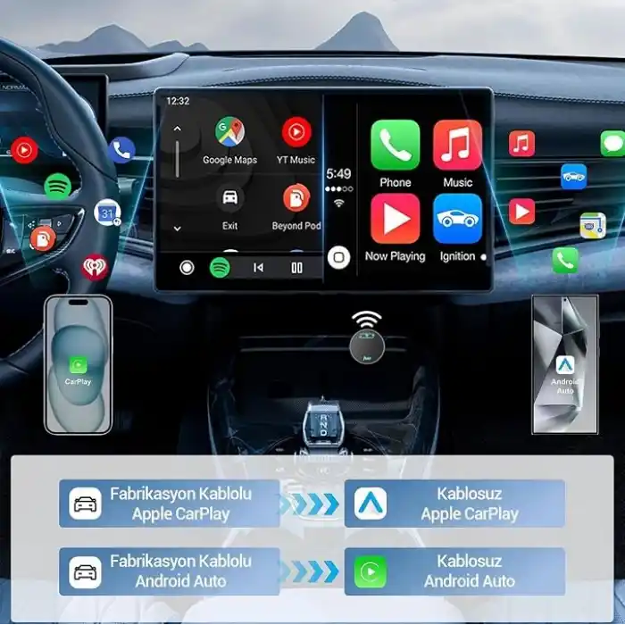 Juo Kablosuz CarPlay Android Auto Kabloludan Kablosuza Çevirici USB ve Type-C Adaptör