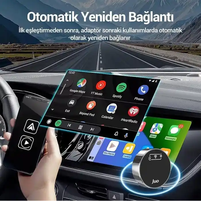 Juo Kablosuz CarPlay Android Auto Kabloludan Kablosuza Çevirici USB ve Type-C Adaptör
