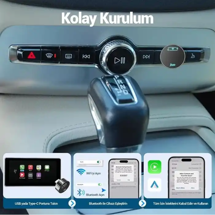 Juo Kablosuz CarPlay Android Auto Kabloludan Kablosuza Çevirici USB ve Type-C Adaptör