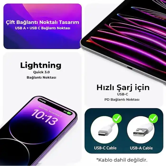 Bix ZH-2U41T 25W PD 3.0 Type-C & USB-A Çift Bağlantı Noktalı Hızlı Şarj Adaptörü, Huawei, iPhone 15/14/13/12/Pro Max, iPad Air/Pro ve Daha Fazlası ile Uyumlu
