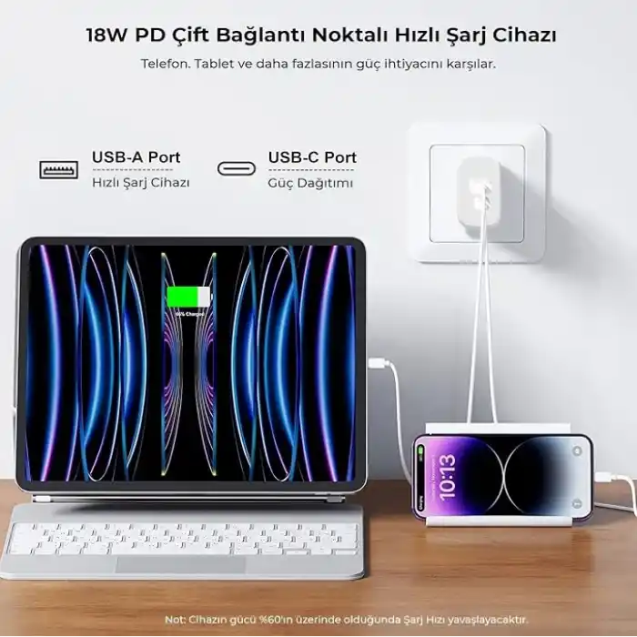 Bix ZH-2U41T 25W PD 3.0 Type-C & USB-A Çift Bağlantı Noktalı Hızlı Şarj Adaptörü, Huawei, iPhone 15/14/13/12/Pro Max, iPad Air/Pro ve Daha Fazlası ile Uyumlu
