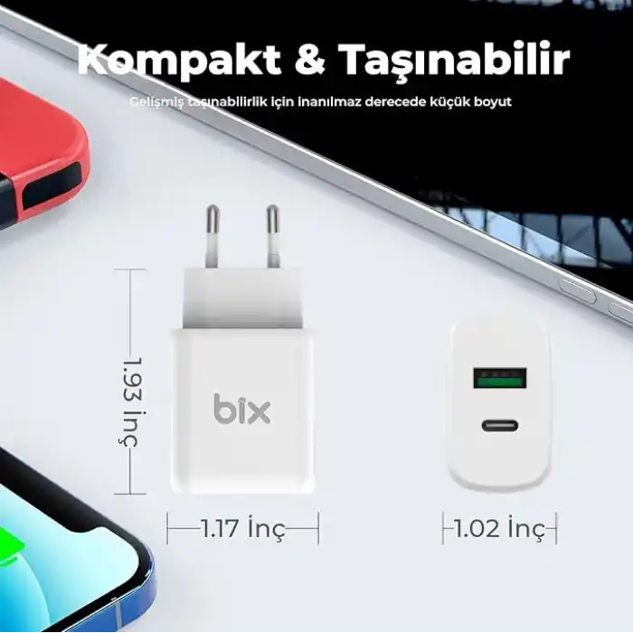 Bix ZH-2U41T 25W PD 3.0 Type-C & USB-A Çift Bağlantı Noktalı Hızlı Şarj Adaptörü, Huawei, iPhone 15/14/13/12/Pro Max, iPad Air/Pro ve Daha Fazlası ile Uyumlu