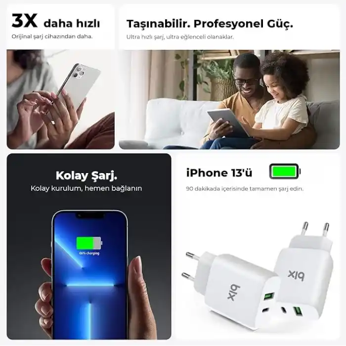 Bix ZH-2U41T 25W PD 3.0 Type-C & USB-A Çift Bağlantı Noktalı Hızlı Şarj Adaptörü, Huawei, iPhone 15/14/13/12/Pro Max, iPad Air/Pro ve Daha Fazlası ile Uyumlu