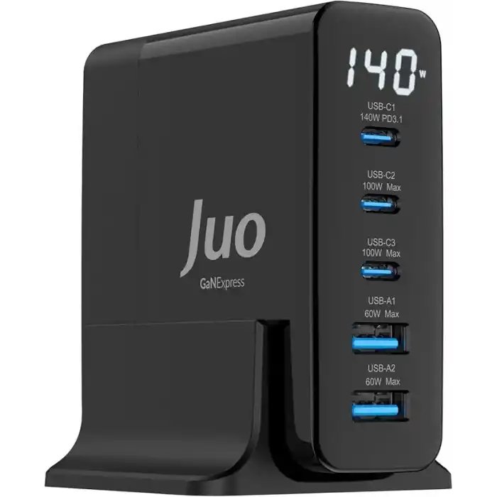 Juo 140W GaN PD 3.1 Masaüstü Hızlı Şarj Cihazı 3 Type-C + 2 USB-A iPhone & MacBook & Laptop Uyumlu Şarj Aleti