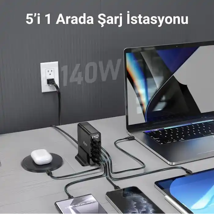Juo 140W GaN PD 3.1 Masaüstü Hızlı Şarj Cihazı 3 Type-C + 2 USB-A iPhone & MacBook & Laptop Uyumlu Şarj Aleti