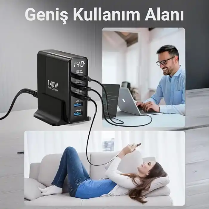 Juo 140W GaN PD 3.1 Masaüstü Hızlı Şarj Cihazı 3 Type-C + 2 USB-A iPhone & MacBook & Laptop Uyumlu Şarj Aleti