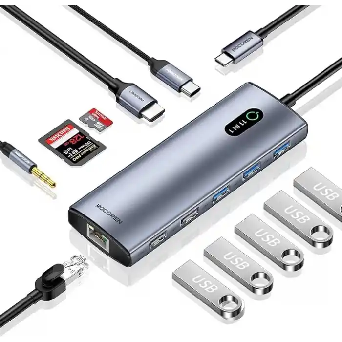 Rocoren 11 Portlu 4K 30Hz HDMI Gigabit Ethernet SD TF Kart Okuyuculu 3.5mm Jack USB Hub Çoklayıcı