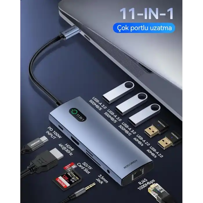 Rocoren 11 Portlu 4K 30Hz HDMI Gigabit Ethernet SD TF Kart Okuyuculu 3.5mm Jack USB Hub Çoklayıcı