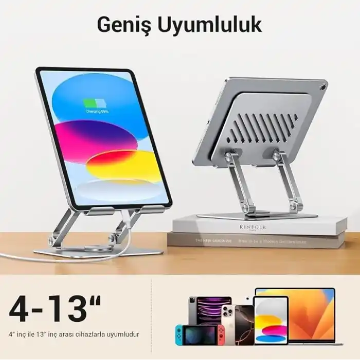 Juo 360° Dönebilen Alüminyum Tablet Standı Yükseklik ve Eğim Ayarlı Metal Tablet Tutucu iPad Pro 13 12 11 Air Mini 5 4 3 Telefon E-Okuyucu Uyumlu