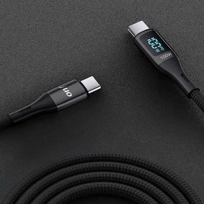 Juo 100W 5A QC4.0 Dijital Led Ekranlı E-Mark Çipli USB PD Type-C Hızlı Şarj ve Data Kablosu 1 Metre