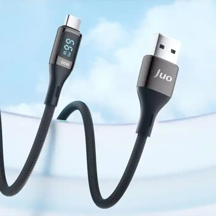 Juo 66W Dijital Led Ekranlı Örgülü USB-A to USB Type-C Hızlı Şarj ve Data Kablosu 2 Metre