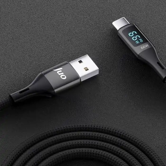 Juo 66W Dijital Led Ekranlı Örgülü USB-A to USB Type-C Hızlı Şarj ve Data Kablosu 2 Metre