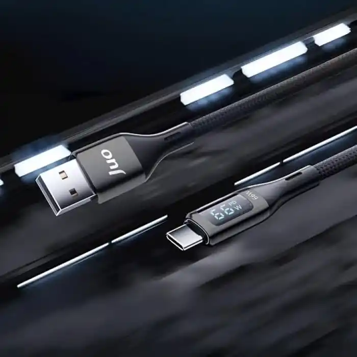 Juo 66W Dijital Led Ekranlı Örgülü USB-A to USB Type-C Hızlı Şarj ve Data Kablosu 2 Metre