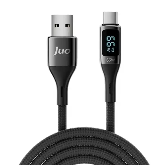 Juo 66W Dijital Led Ekranlı Örgülü USB-A to USB Type-C Hızlı Şarj ve Data Kablosu 2 Metre