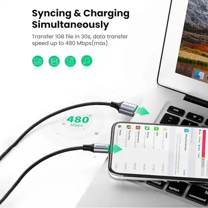 Ugreen, MFi Lisanslı USB-A & Lightning Örgülü Data ve Şarj Kablosu, 1.5 Metre, Beyaz