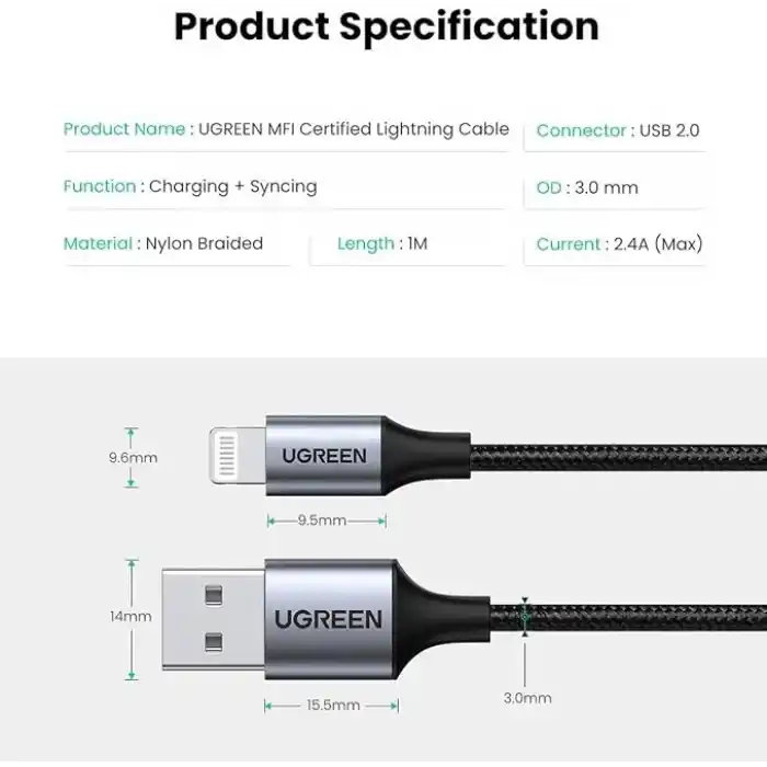 Ugreen, MFi Lisanslı USB-A & Lightning Örgülü Data ve Şarj Kablosu, 1.5 Metre, Beyaz