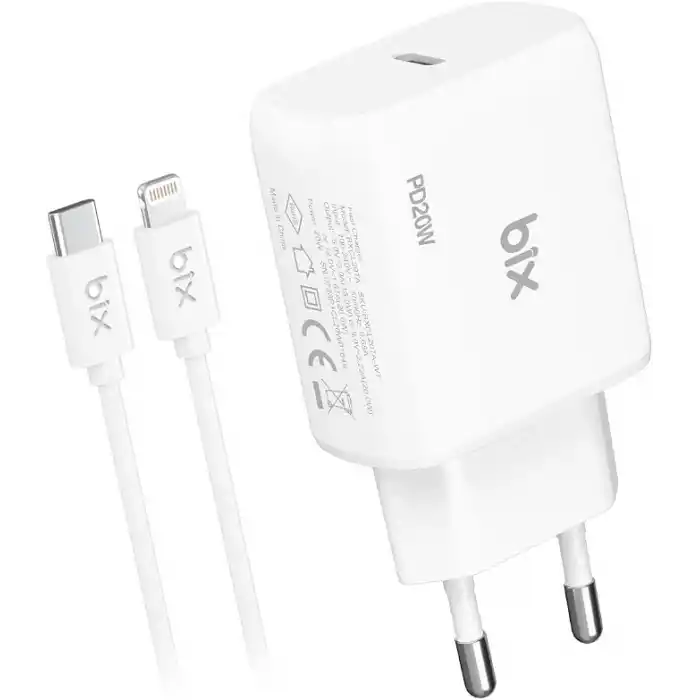 Bix BXCL20TA 20W PD Süper Hızlı Type-C Şarj Cihazı, Type-C’den Lightning’e Kablosuyla iPhone 17 serisi, iPhone 16 serisi, iPhone 15 serisi 14/14 Pro/14 Pro Max, iPad 9 ve Fazlasıyla Uyumlu