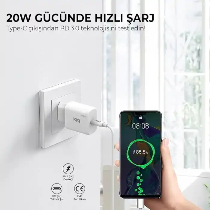 Bix BXCL20TA 20W PD Süper Hızlı Type-C Şarj Cihazı, Type-C’den Lightning’e Kablosuyla iPhone 17 serisi, iPhone 16 serisi, iPhone 15 serisi 14/14 Pro/14 Pro Max, iPad 9 ve Fazlasıyla Uyumlu