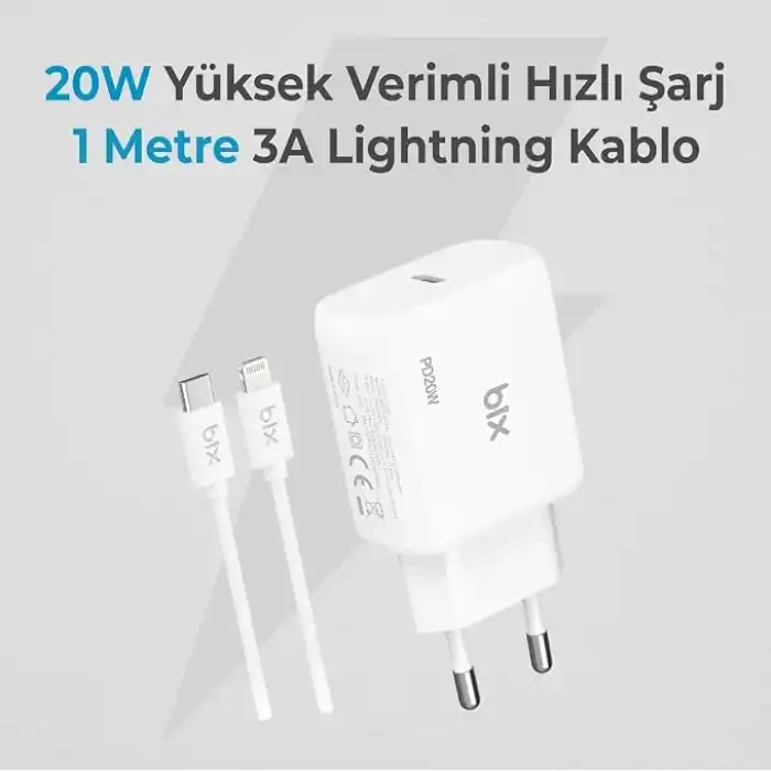 Bix BXCL20TA 20W PD Süper Hızlı Type-C Şarj Cihazı, Type-C’den Lightning’e Kablosuyla iPhone 17 serisi, iPhone 16 serisi, iPhone 15 serisi 14/14 Pro/14 Pro Max, iPad 9 ve Fazlasıyla Uyumlu