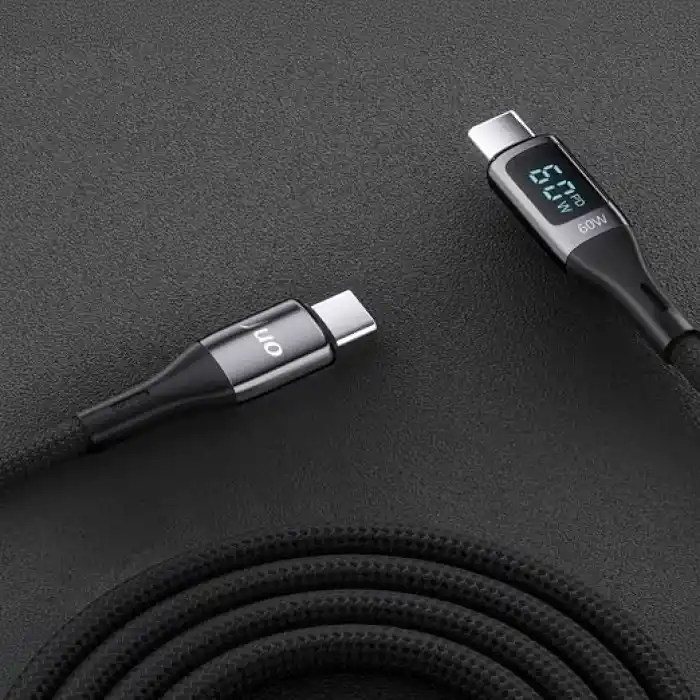 Juo 60W Dijital Led Ekranlı Örgülü USB Type-C to Type-C Hızlı Şarj ve Data Kablosu 1 Metre
