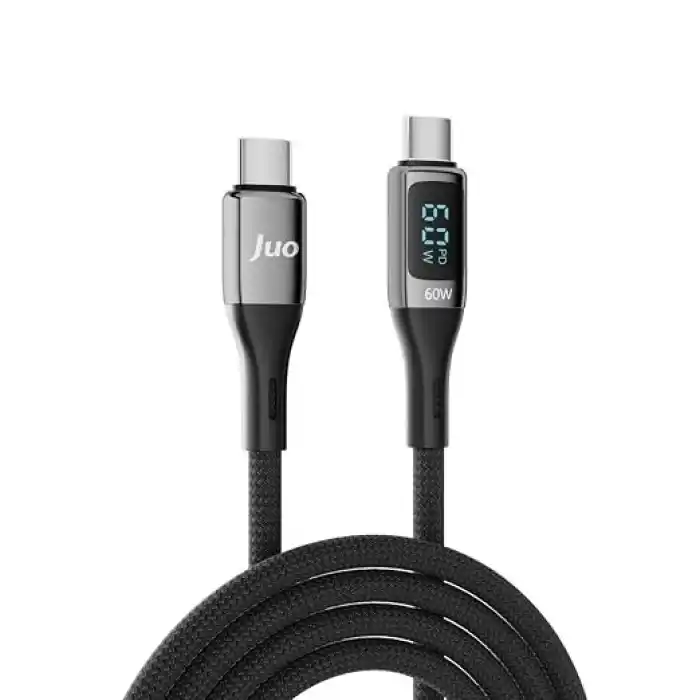 Juo 60W Dijital Led Ekranlı Örgülü USB Type-C to Type-C Hızlı Şarj ve Data Kablosu 1 Metre