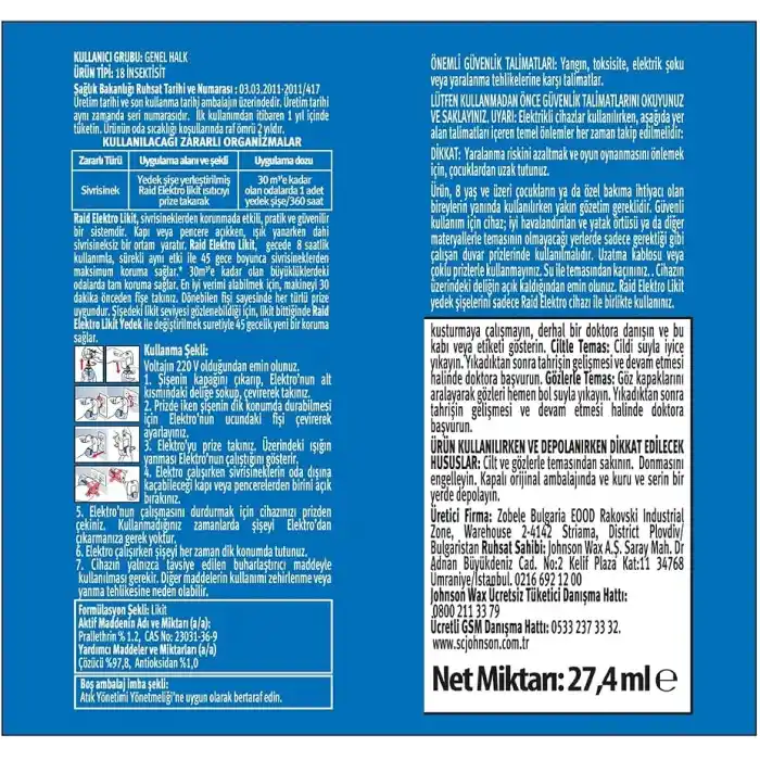 Raid Likit Elektrik 45 Gece Yedek (Sivrisineklere Karşı)