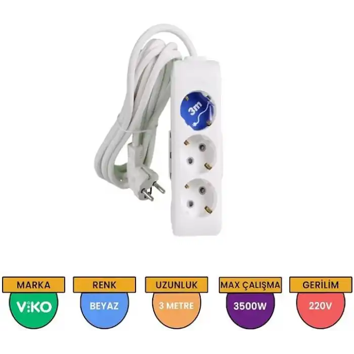 Viko Multi-Let 3lü Topraklı Kablolu Ç.K 3mt Priz, Beyaz