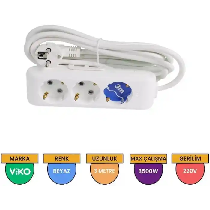 Viko Multi-Let 3lü Topraklı Kablolu Ç.K 3mt Priz, Beyaz
