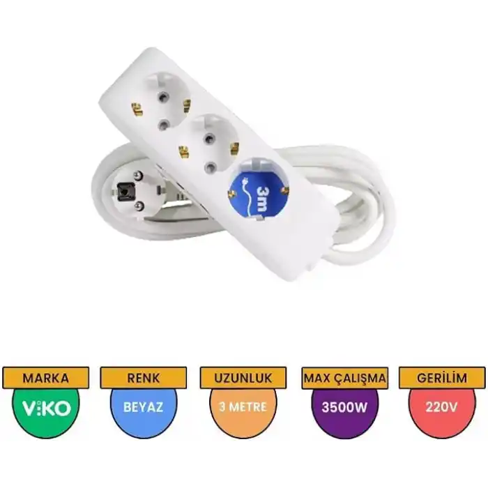 Viko Multi-Let 3lü Topraklı Kablolu Ç.K 3mt Priz, Beyaz