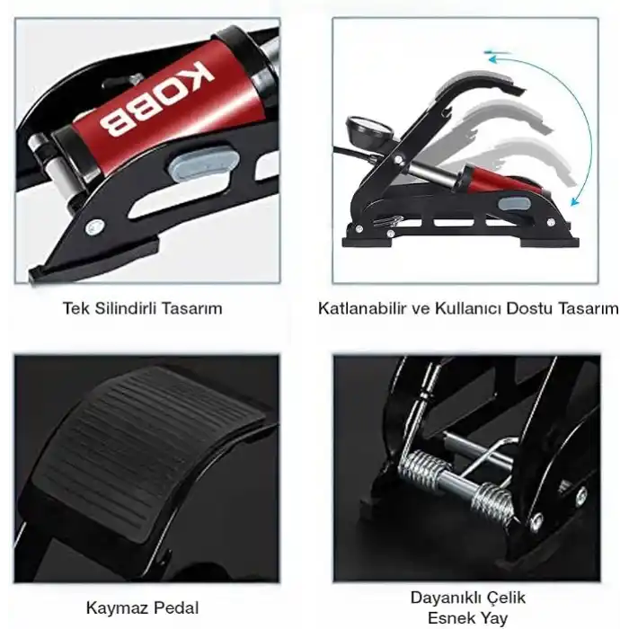 KOBB KB0901 87PSI Analog Basınç Göstergeli Ayak Pompası, Kırmızı/Siyah