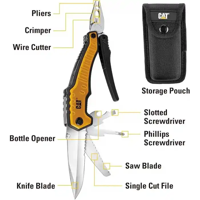 CAT DA980045 9 IN 1 Çok Fonksiyonlu Katlanabilir 27CM Paslanmaz Çelik Sarı Kamp Çakısı Bıçağı + Taşıma Kılıfı