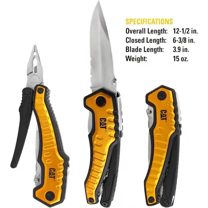 CAT DA980045 9 IN 1 Çok Fonksiyonlu Katlanabilir 27CM Paslanmaz Çelik Sarı Kamp Çakısı Bıçağı + Taşıma Kılıfı
